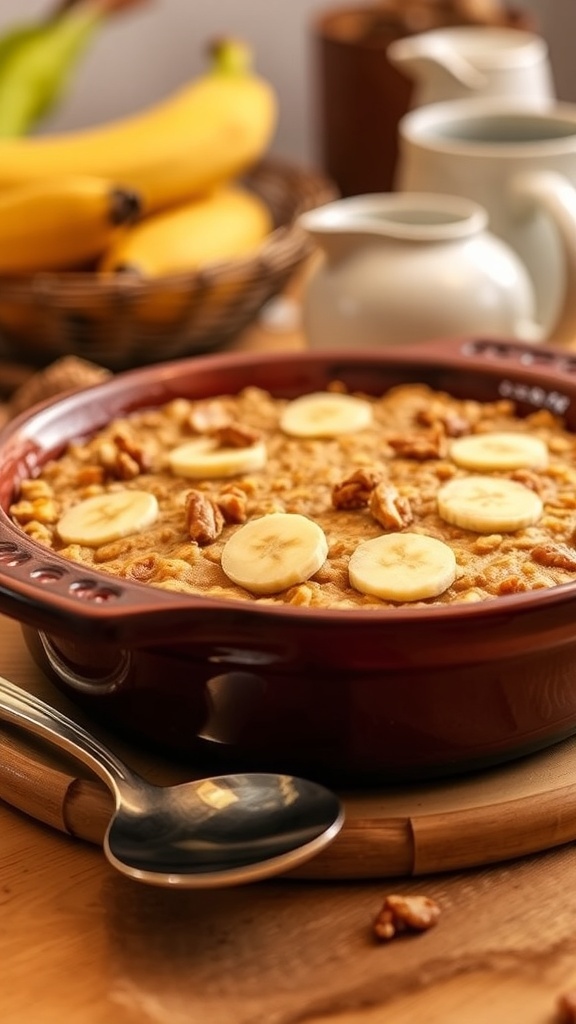 Baked banana oatmeal in a rustic dish, topped with banana slices and nuts, on a kitchen counter.